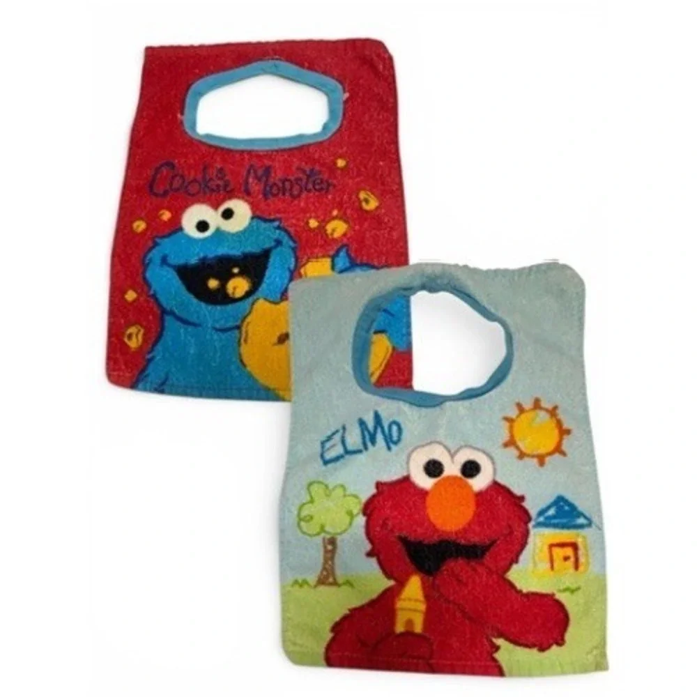 Sesame Street Elmo Cookie Monster Terry Cloth Pull Over Baby Bibs Set 2 Red Blue